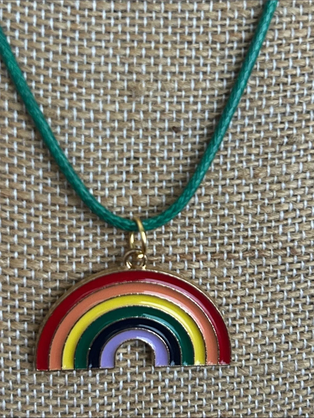 Rainbow Enamel Pendant Necklace on Green Cord - Picture 3 of 3